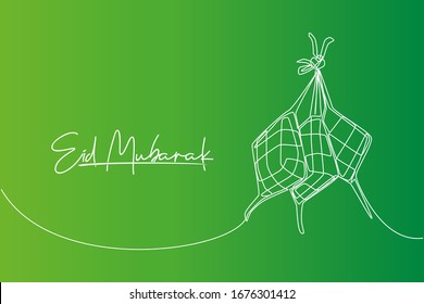 Eid Mubarak greeting card, poster and banner design. One continuous line drawing of ketupat, local rice dumpling food from Indonesia and Malaysia. Eid Al Fitr single line draw vector illustration