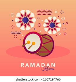 eid mubarak greeting card, posters or invitations template design with flat vector big drum with water buffalo leather. ramadan kareem stock vector illustration
