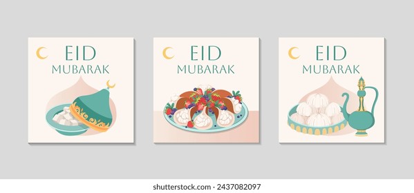 Tarjeta de felicitación de Eid Mubarak. Fondo festivo con dulces árabes y té. Comida tradicional para las vacaciones de Eid al Fitr. Panqueques, delicias turcas. Pasteles dulces con crema. Ilustración vectorial.