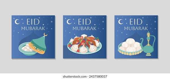 Tarjeta de felicitación de Eid Mubarak. Fondo festivo con dulces árabes y té. Comida tradicional para las vacaciones de Eid al Fitr. Panqueques, delicias turcas. Pasteles dulces con crema. Ilustración vectorial.