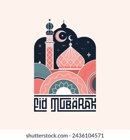 Eid mubarak greeting card simple design boho style flat vector illustration