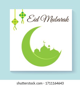 Eid mubarak greeting card for social media post with ketupat & crescent moon illustration in green colors.