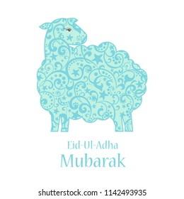 Eid Mubarak. Greeting card template for Muslim Community Festival of sacrifice Eid-Ul-Adha with sheep.  Vector hand drawn lamb, Islamic holiday symbol. Feast of the Sacrifice. Vector Illustration 