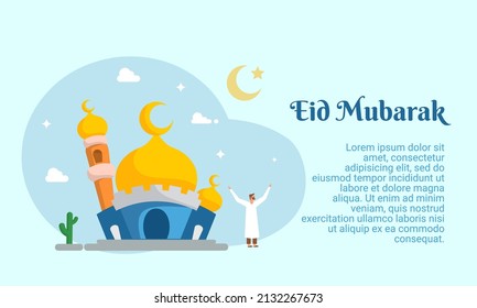 Plantilla de tarjeta de saludo de Eid Mubarak. Ilustración gráfica vectorial. Concepto de diseño de mezquita con creciente y estrella en estilo de dibujos animados de diseño plano, Perfecto para banner o afiche.