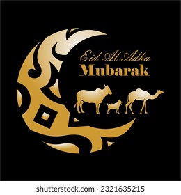 Eid mubarak greeting card  template design  with big crescent moon, camel, goat, cow in silhoutte. Square design, banner, poster, social media post. Vector Illustration