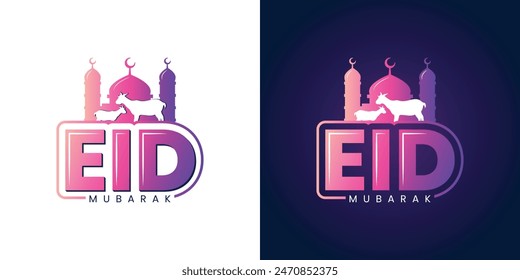 Eid Mubarak greeting card template with goat silhouette and mosque, Eid al Adha, Eid design, Muslim celebration