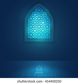 Eid Mubarak greeting card template mosque window - Translation of text : Eid Mubarak - Blessed festival