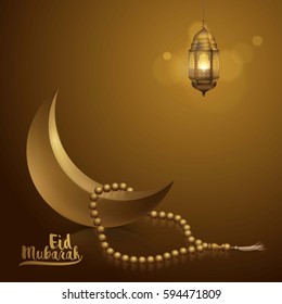 Eid Mubarak greeting card template islamic vector illustration arabic lantern crescent icon and prayer bead