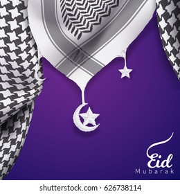 Eid Mubarak greeting card template islamic design background with vector realistic arabic scarf