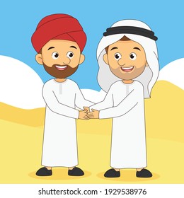 Eid mubarak greeting card two arabian man handshake to forgive each other
