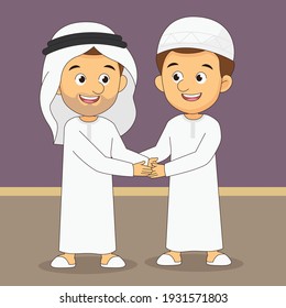 Eid mubarak greeting card two arabian man handshake to forgive each other