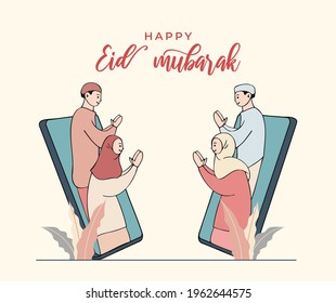 eid mubarak greeting card. two Family blessing eid al fitr each other using cell phone video call. Hand drawn style illustration of Islamic holiday eid al fitr.