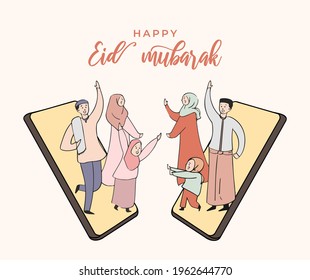 eid mubarak greeting card. two Family blessing eid al fitr each other using cell phone video call. Hand drawn style illustration of Islamic holiday eid al fitr.