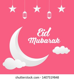 Eid Mubarak greeting card vector illustration isolated on pink background.