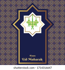 eid mubarak greeting card vector image. blue and gold background. ramadan kareem