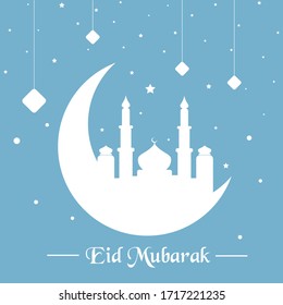 Eid Mubarak Greeting Card Vector Illustration, Ramadan Kareem with Blue Background. Mosque, Moon, Star, and Clouds.