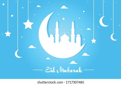 Eid Mubarak Greeting Card Vector Illustration, Ramadan Kareem with Blue Background. Illustration Mosque, Moon, Star, and Clouds. 