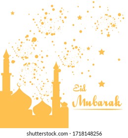 Eid Mubarak Greeting Card Vector Illustration, Ramadan Kareem with White Background and Yellow Silhouette. Illustration Mosque, Moon, Star, and Clouds.