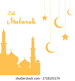 Eid Mubarak Greeting Card Vector Illustration, Ramadan Kareem with White and Yellow Background. Illustration Mosque, Moon, Star, and Clouds.