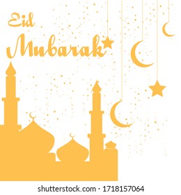 Ilustración vectorial de la tarjeta de saludo Eid Mubarak, Ramadan Kareem con fondo blanco y silueta amarilla. Mezquita de Ilustración, Luna, Estrella y Nubes.
