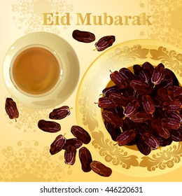 Eid Mubarak greeting card. Vector illustration. Wallpaper with floral pattern. Holiday for Ramadan. A cup of tea and beautiful platter sweet dates.