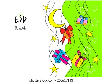 Eid Mubarak greeting card. Vertical page design. With place for text, stars, crescent moon, gift box. For Muslim community festival celebrations. Vector. White and bright green background.