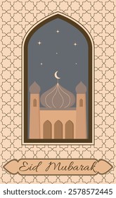 Eid Mubarak greeting card. Window and arche with moon, mosque dome.