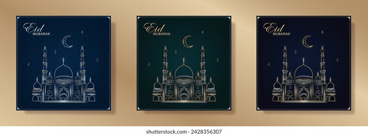 Eid Mubarak Grußkarten mit handgezeichneter linearer Moschee und Halbmond mit Sternen auf dunkelgrünem und blauem Hintergrund. Vorlage von Ramadan Kareem quadratische Banner mit goldenen und silbernen Umriss Masjid