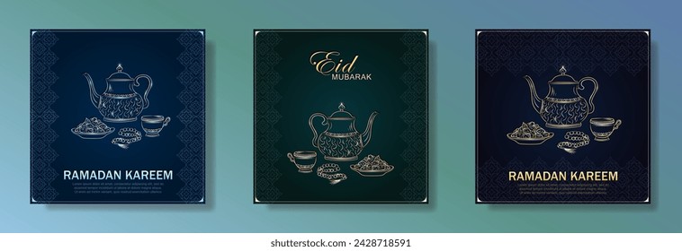 Eid Mubarak Grußkarten mit handgezeichneten linearen goldenen und silbernen arabischen Wasserkocher, Teetasse, muslimischen Rosenkranz betende Perlen und Datteln in einer Schüssel als Gericht für Iftari. Ramadan Kareem grün und blau Plakate