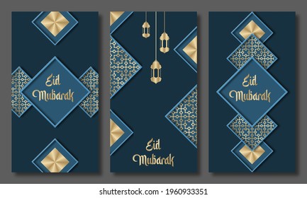 Eid mubarak greeting cards set. Eid holiday invitations templates collection with gold lettering. Vector illustration