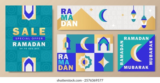 Eid Mubarak greeting cards set with Islamic patterns, mosque arch, crescent moon, lanterns and floral motifs in teal, blue, gold, white with Ramadan Kareem text and a sale banner with modern design