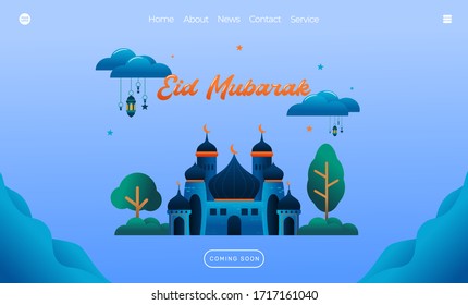 eid mubarak greeting concept with mosque illustration for web landing page template, banner, presentation, social, and print media. islamic eid fitr or adha flat design vector illustration