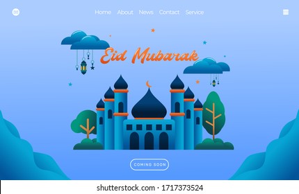 eid mubarak greeting concept with mosque illustration for web landing page template, banner, presentation, social, and print media. islamic eid fitr or adha flat design vector illustration