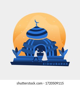 eid mubarak concepto de bienvenida con mezquita vectorial y carácter simple de la gente