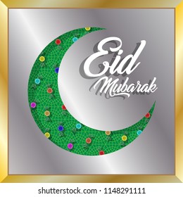 Eid mubarak greeting with crescent moon and bonbons for muslim holiday. All the objects are in different layers and the text types do not need any font. 