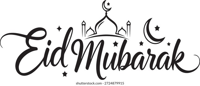 Saludo de Eid Mubarak con luna creciente y estrellas sobre fondo blanco
