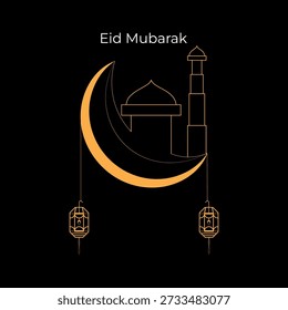 Saudação de Eid Mubarak com Lua Crescente e Mesquita