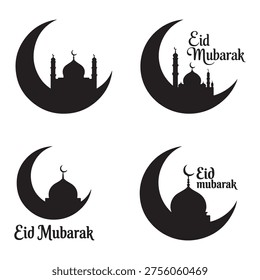 Eid Mubarak greeting with crescent moon and mosque silhouette Islamic illustration