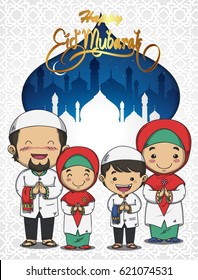 Eid Mubarak Greeting And Cute Cartoon Moslem Family Isolated On White Background. 