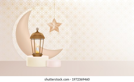 Eid Mubarak greeting design background with Traditional islamic lantern, Crescent Moon and Star on Podium.Vector Backdrop of Religions of Muslim Symbolic for Ramadan Kareem,Aid el fitre and el adha 