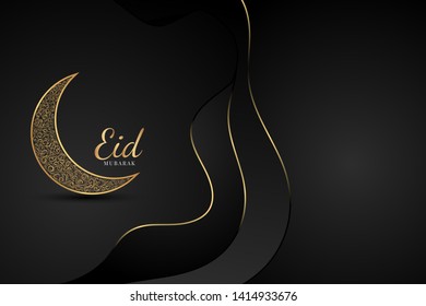 Eid Mubarak greeting design, Golden mosque moon and floral pattern Black background elegant