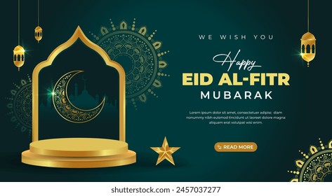 Eid mubarak greeting design in green background with golden podium round stage and gold mandala pattern for islamic festival eid al fitr banner