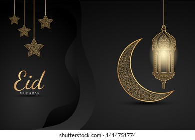 Eid mubarak greeting design, happy holiday words with golden mosque and floral pattern Black background elegant