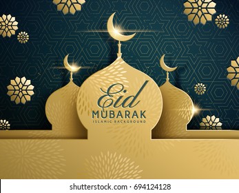 Eid Mubarak Greeting Design, Happy Holiday Words With Golden Mosque And Floral Background