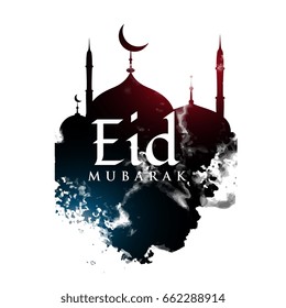 eid mubarak greeting design with mosque shape and grunge