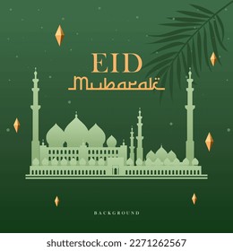 Eid Mubarak Greeting Design Template Green Mosque Background Vector Illustration