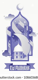 Eid Mubarak greeting flat poster. ramadan kareem vector illustration. Eid celebration and greetings. Islamic Mosque card.