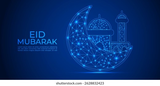 Eid Mubarak Greeting with Glowing Low Poly Crescent Moon and Mosque on Blue Background