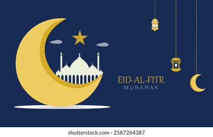 Eid Mubarak greeting with golden crescent moon ,mosque  and lantern