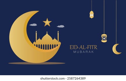 Eid Mubarak greeting with golden crescent moon ,mosque  and lantern